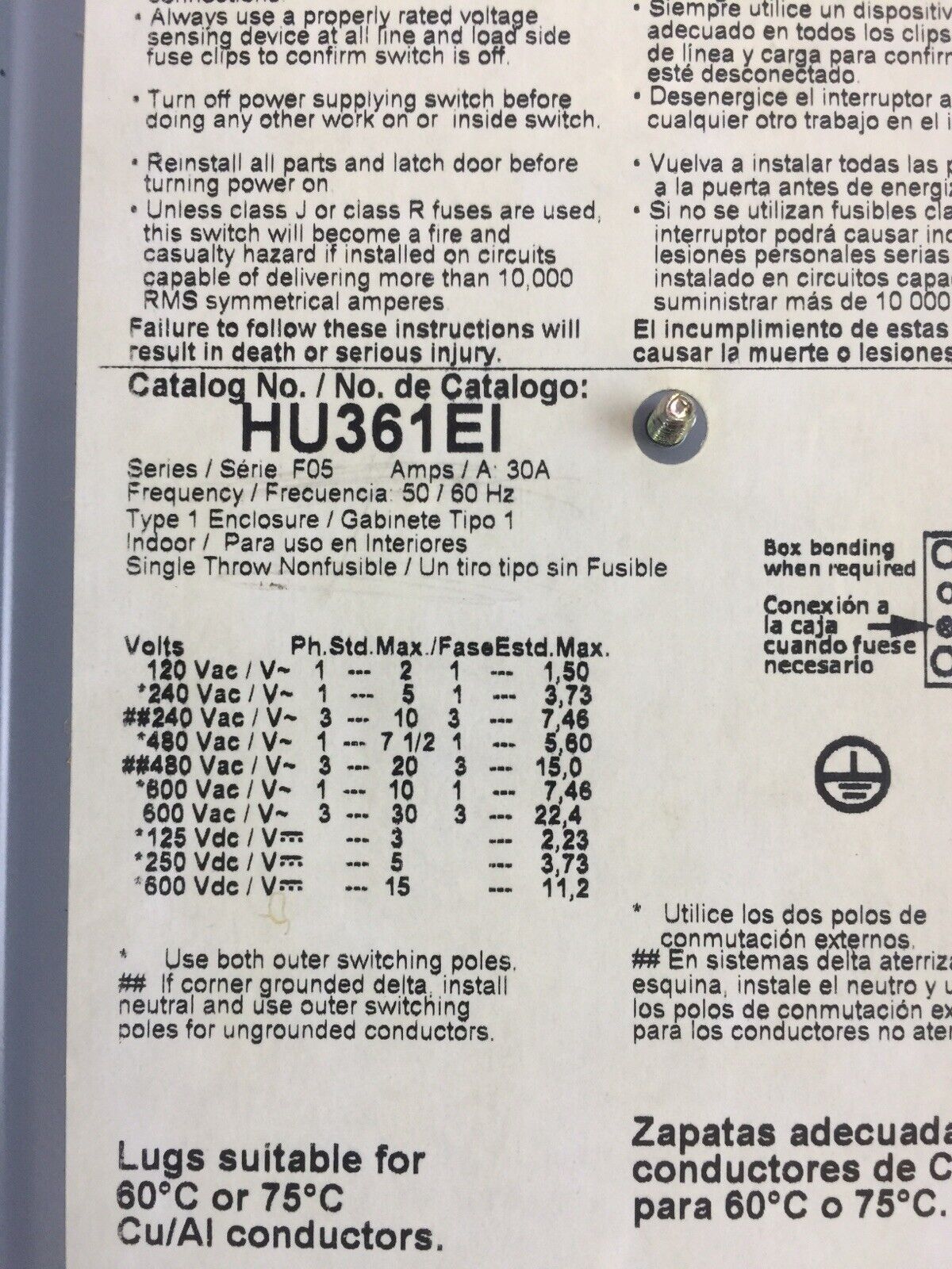 SQUARE D HU361EI NON FUSIBLE SAFETY SWITCH 30AMP 600VAC 600VDC SERIES F05 TYPE 1