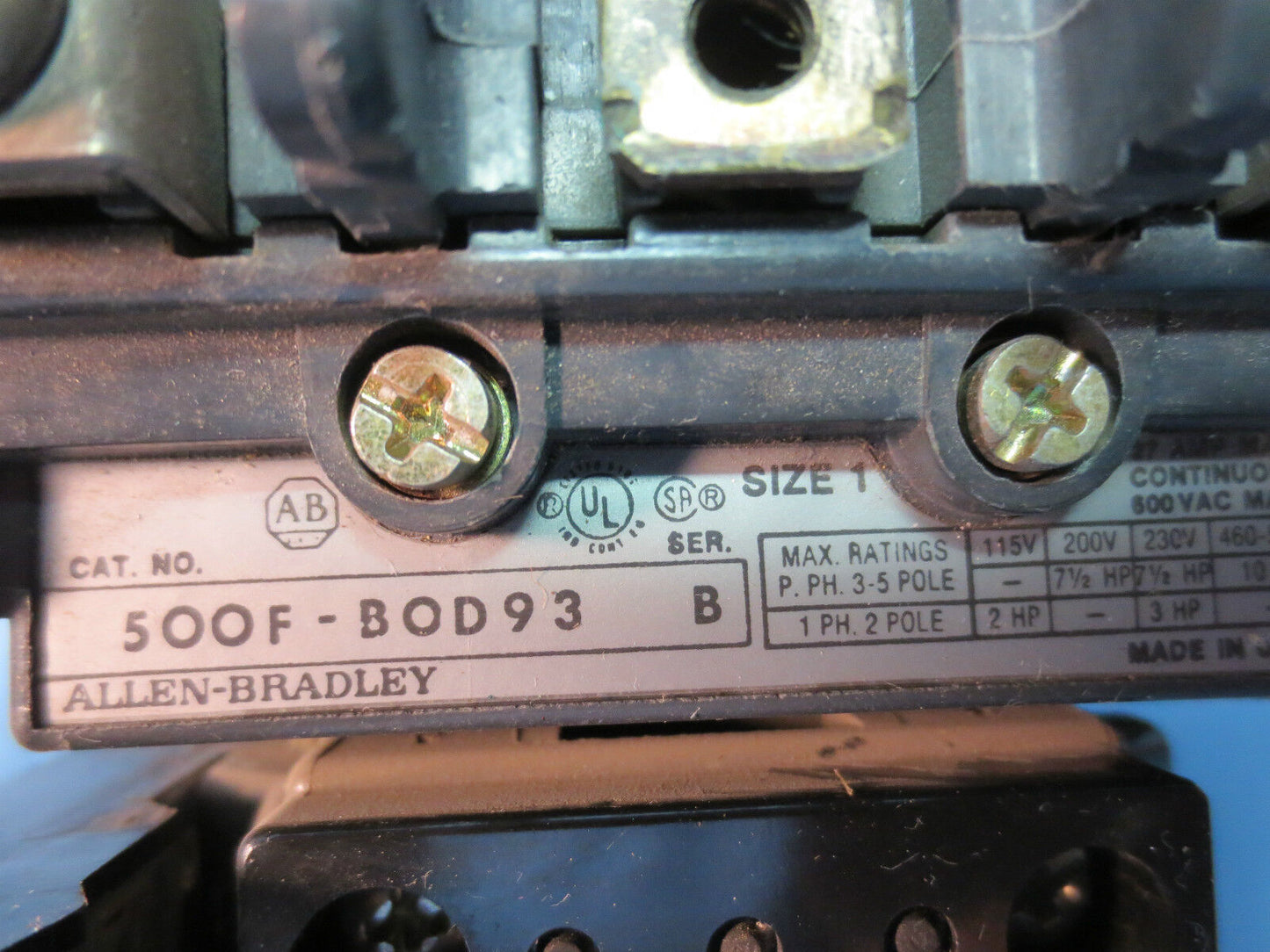 ALLEN-BRADLEY 500F-BOD93 RELAY Ser B, SIZE 1, 120V COIL w/ CB236 - w/ 595-A