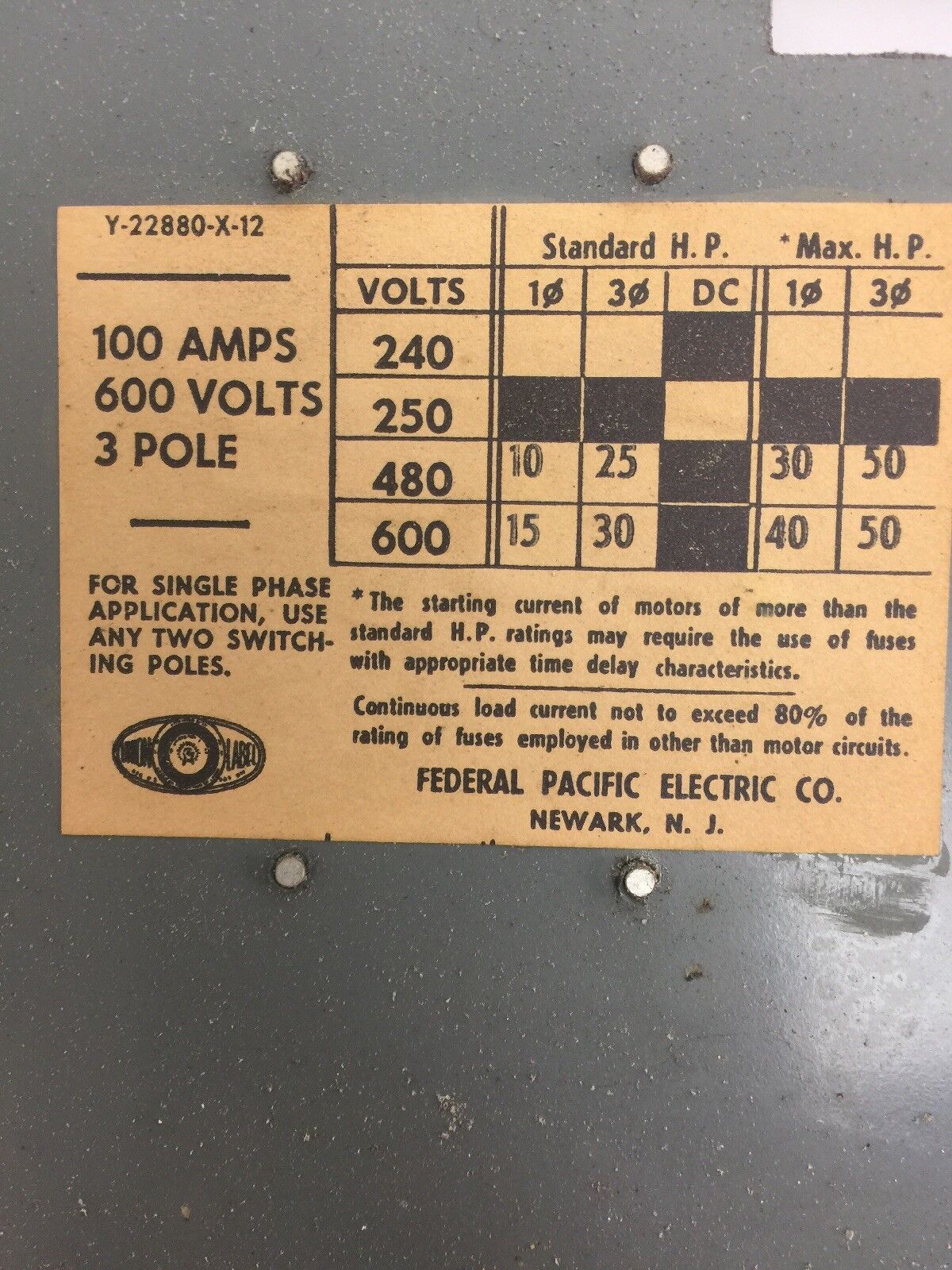 Federal Pacific QMQB-1036 100A 600VAC Panelboard Switch 30HP