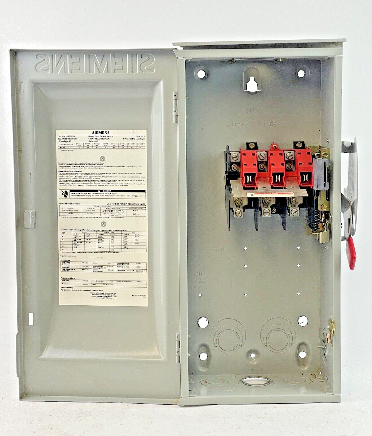 SIEMENS - HNF363R - RAINPROOF ENCLOSED SWITCH-3 POLE, 100A, 600 VAC, 600 VDC, 3R