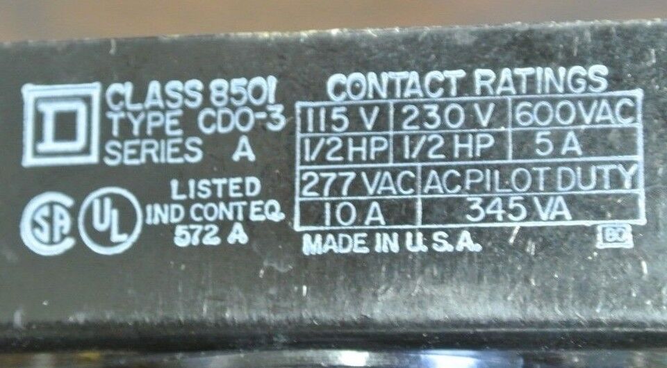 SQUARE D 8501 CDO-3 RELAY 115V/230V 1/2HP, 600VAC 5A, 277VAC 10A, 345 VA