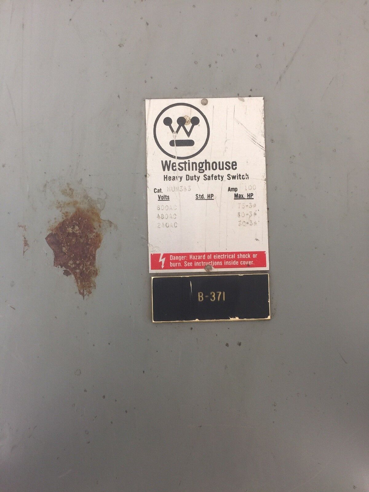 WESTINGHOUSE HUN363 HEAVY DUTY SAFETY SWITCH 100AMP 600VAC 75HP TYPE 1 ENCLOSURE