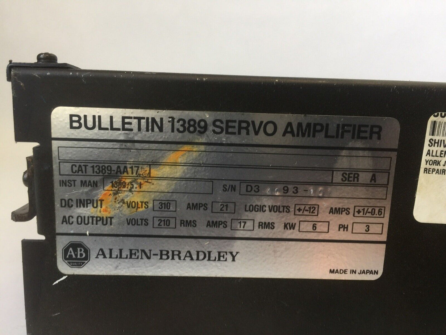 ALLEN BRADLEY 1389-AA17 SERVO AMPLIFIER SER A OUTPUT 210VAC 17A INPUT 310VDC 21A