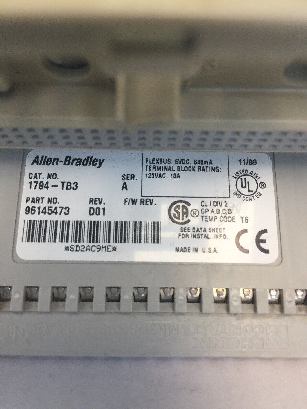 ALLEN BRADLEY 1794-TB3 FLEX I/O TERMINAL BLOCK SER A REV D01 5VDC 640mA