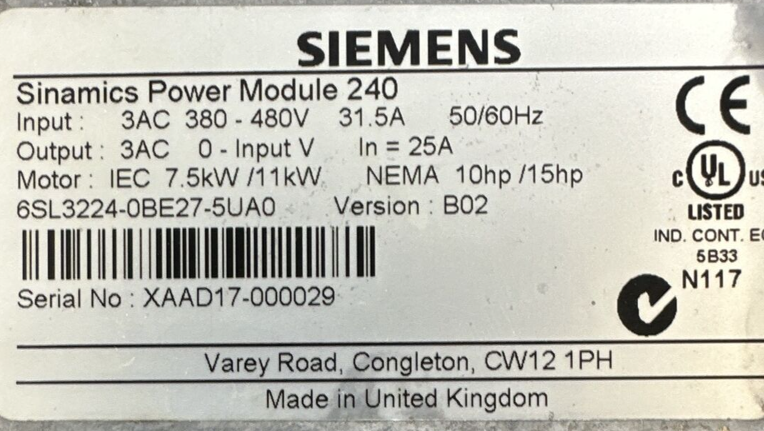SIEMENS 6SL3224-0BE27-5UA0 SINAMATIC POWER MODULE 240 BOP-2 CU240E-2 DP-F CONTRO