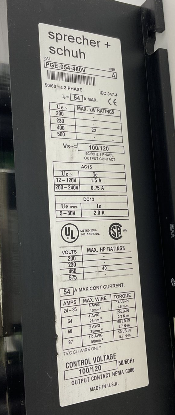 SPRECHER+SCHUH PGE-054-480V SOFT START SER.A 54A 50/60HZ 3PHASE 40HP