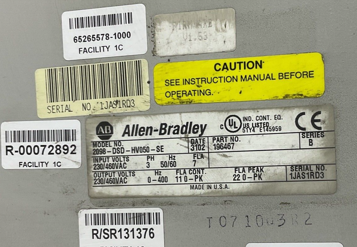 ALLEN BRADLEY 2098-DSD-HV050-SE SERVO DRIVE SER.B 460VAC 3PH 50/60HZ