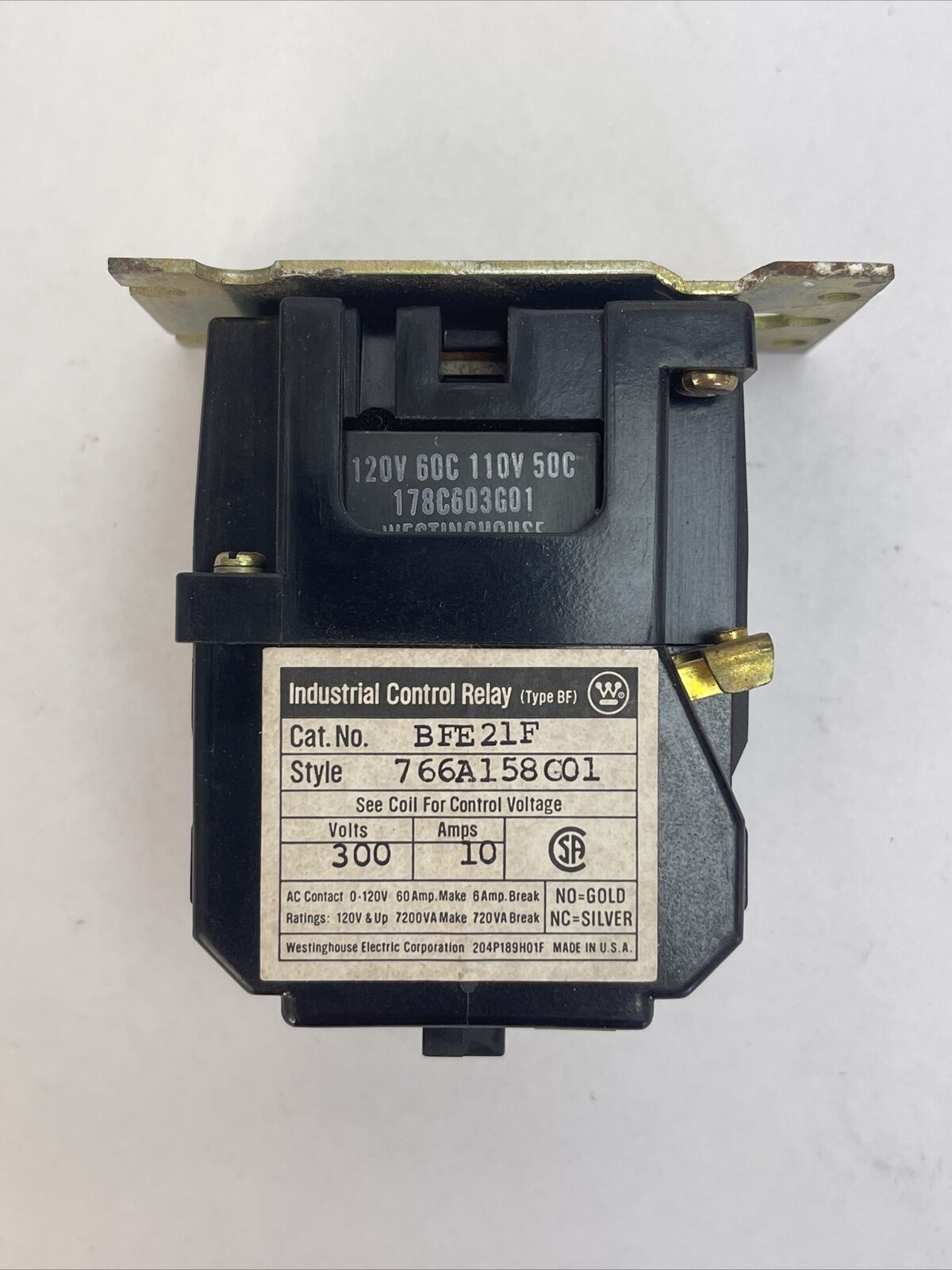 WESTINGHOUSE BFE21F INDUSTRIAL CONTROL RELAY 300V 10AMP 766A158G01 COIL 120V 60C