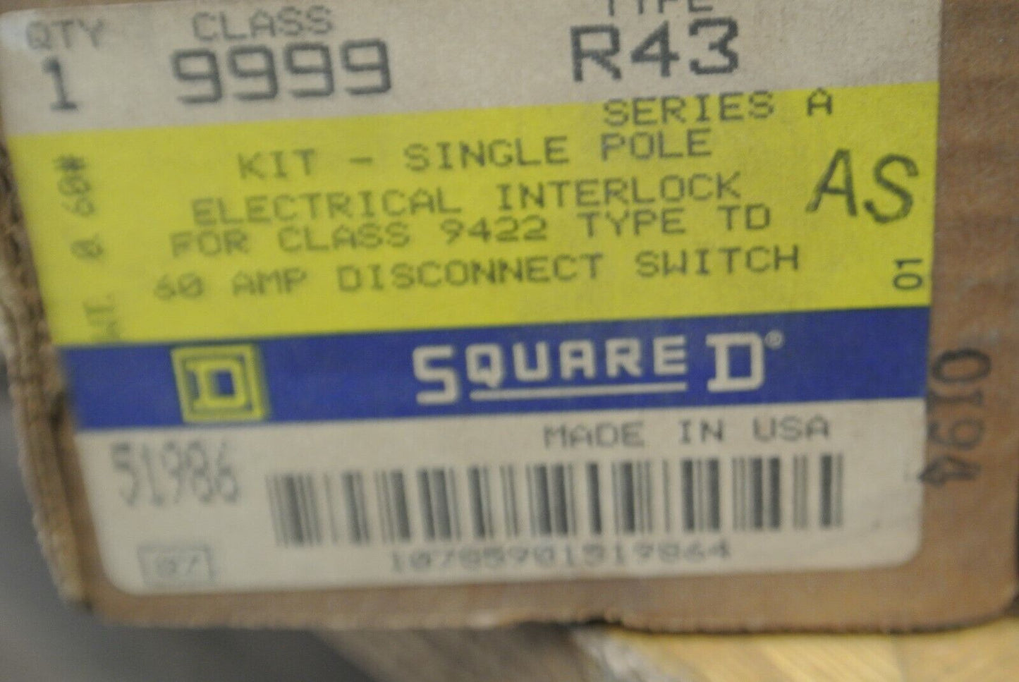 SQUARE D 9999 R43 ELECTRICAL INTERLOCK / SINGLE POLE / 9422 60A / NEW SURPLUS
