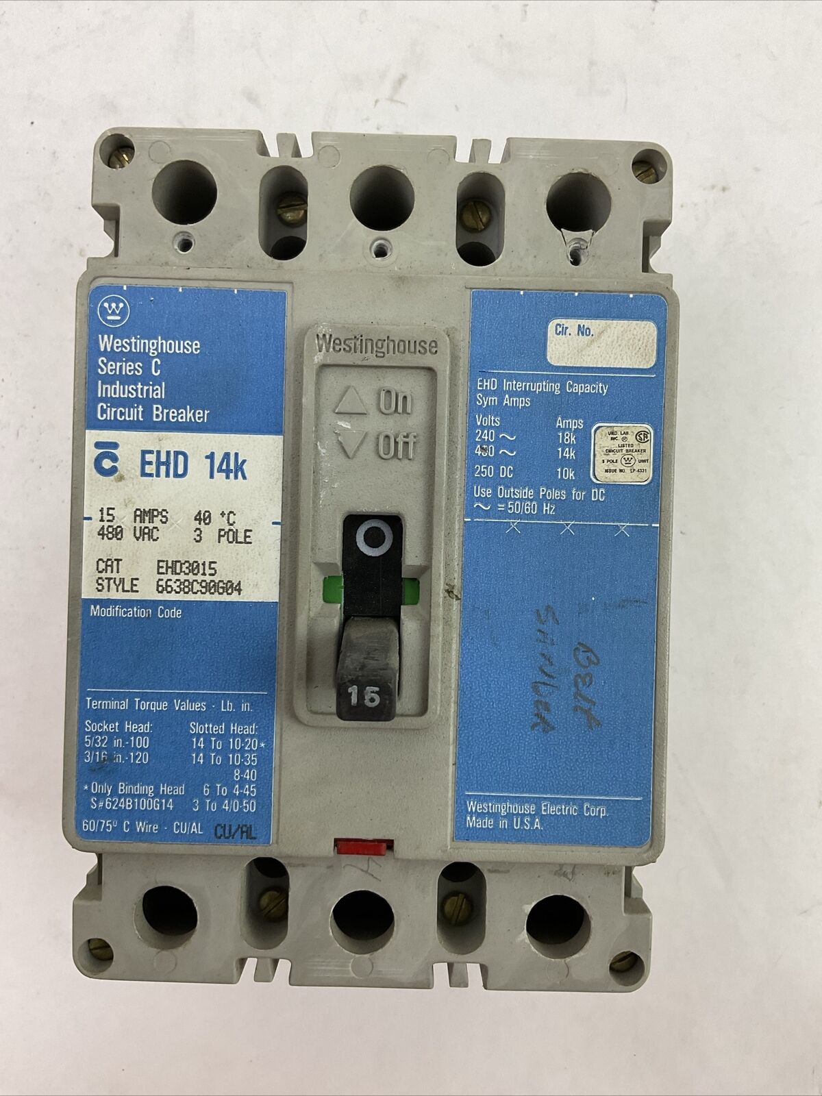 WESTINGHOUSE EHD3015 INDUSTRIAL CIRCUIT BREAKER 480VAC 250VAC 15AMP 3POLE SER C