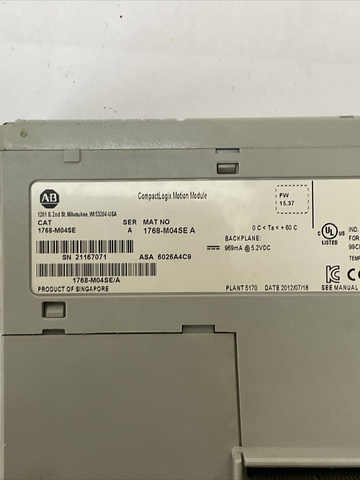 ALLEN BRADLEY 1768-M04SE SER A FW 15.37 COMPACT LOGIX MOTION MODULE 969mA@5.2VDC