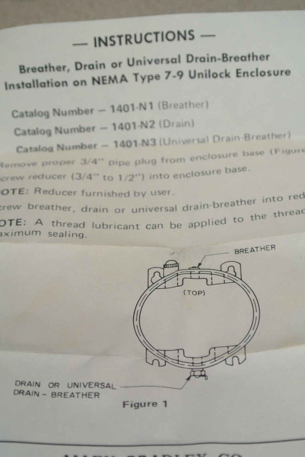 ALLEN-BRADLEY 1401-N3 BREATHER-DRAIN COMB. for UNILOCK NEMA 7-9 ENCLOSURE / NEW