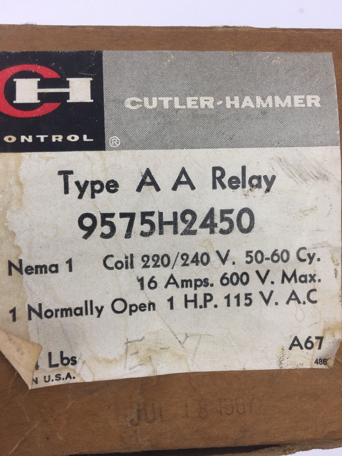 CUTLER HAMMER 9575H2450 TYPE AA RELAY COIL 220/240 V 50/60 CY 16 AMP 600 V MAX