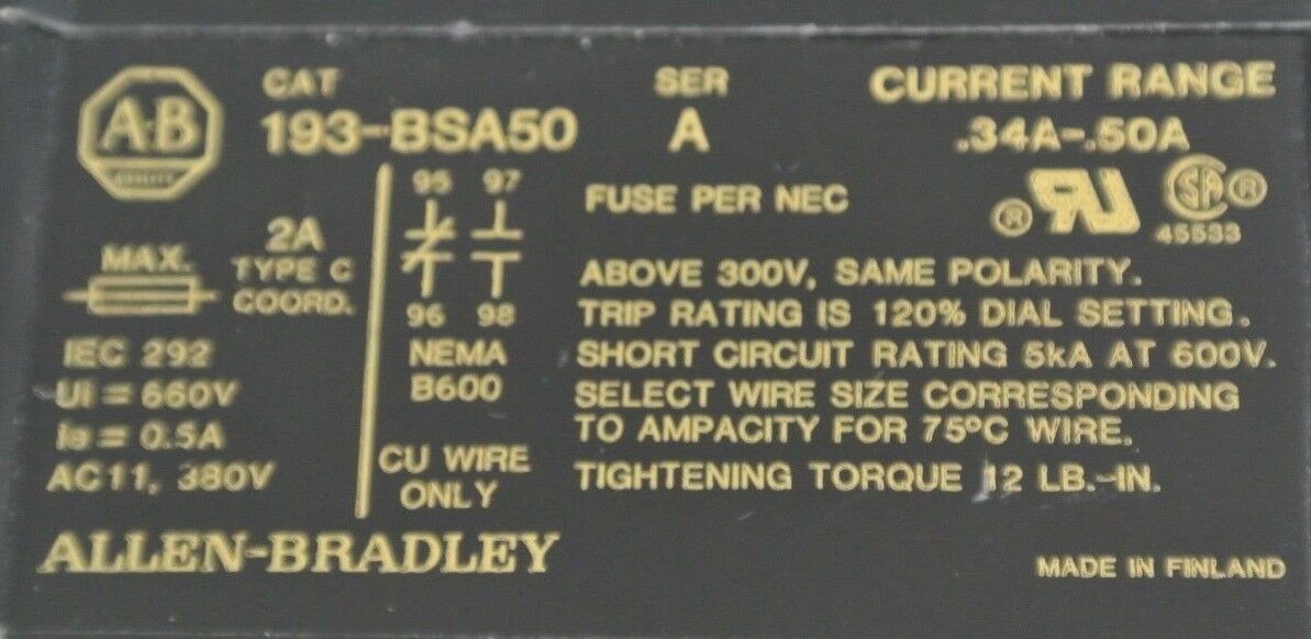 ALLEN-BRADLEY 193-BSA50 BI-METALLIC OVERLOAD RELAY 0.34A-0.50A / NEW SURPLUS