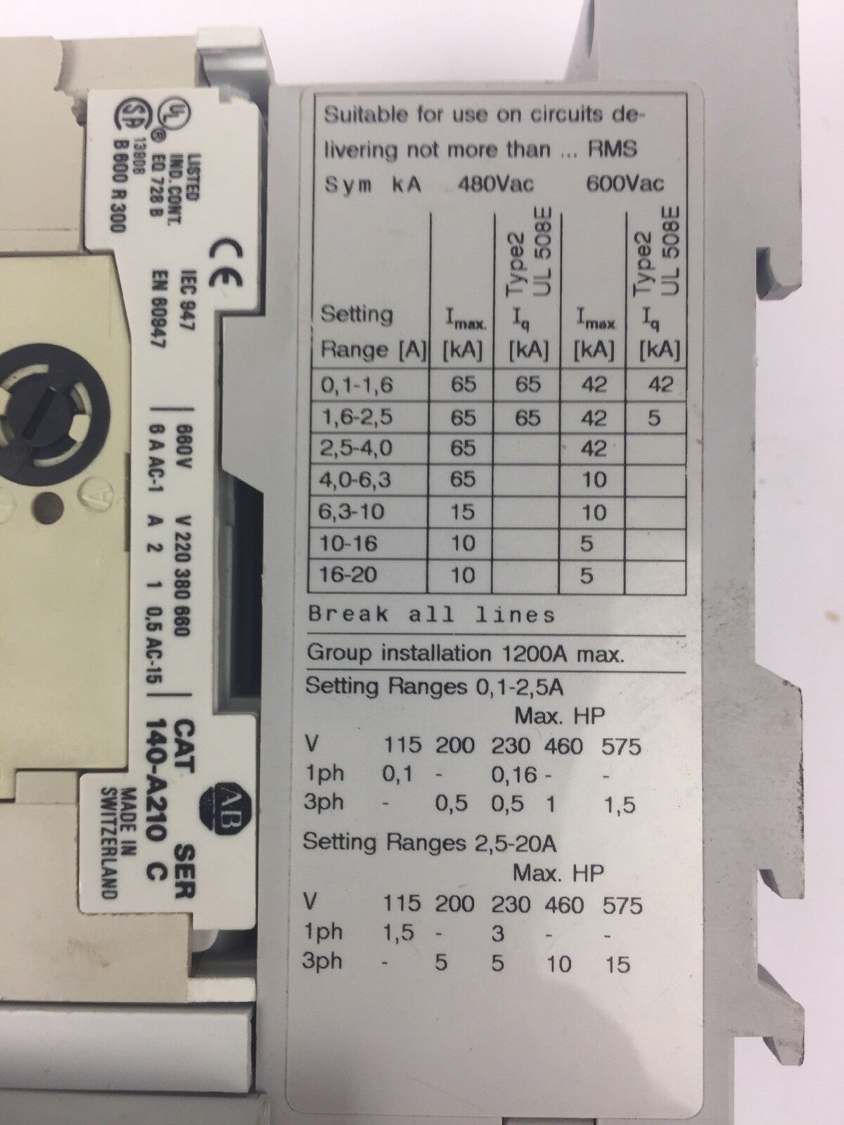 ALLEN BRADLEY 190-M* 140-MN-1000 MOTOR STARTER 100-C09* 100S 140-A210 COIL 120V