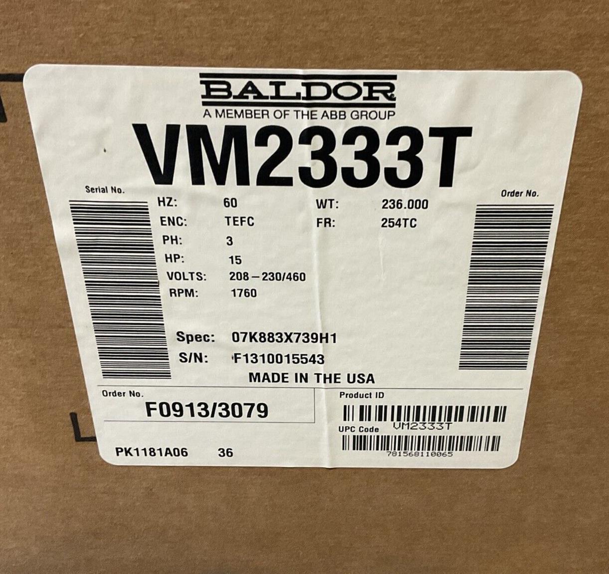 BALDOR VM233T3PH INDUSTIRAL MOTOR 15HP 1750RPM
