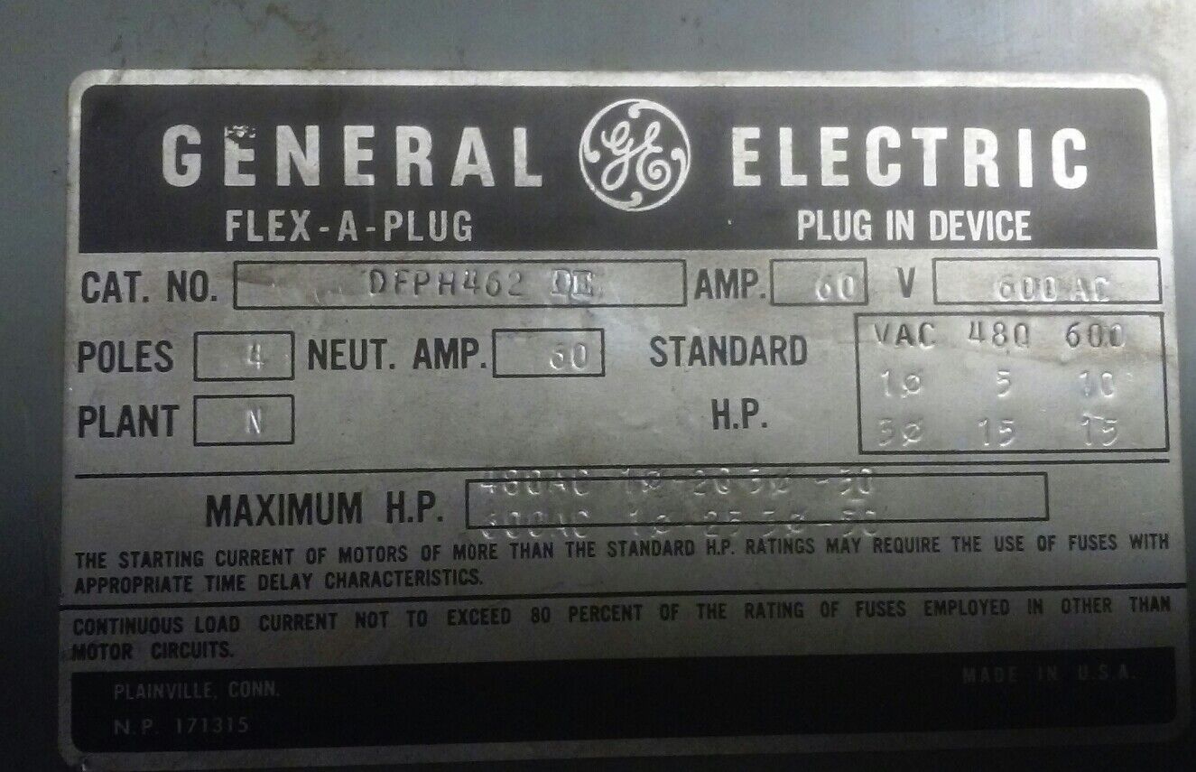 General Electric FLEX-A-PLUG SWITCH / BUS PLUG - 60A, 600V, 4-Pole (DFPH462 DE)