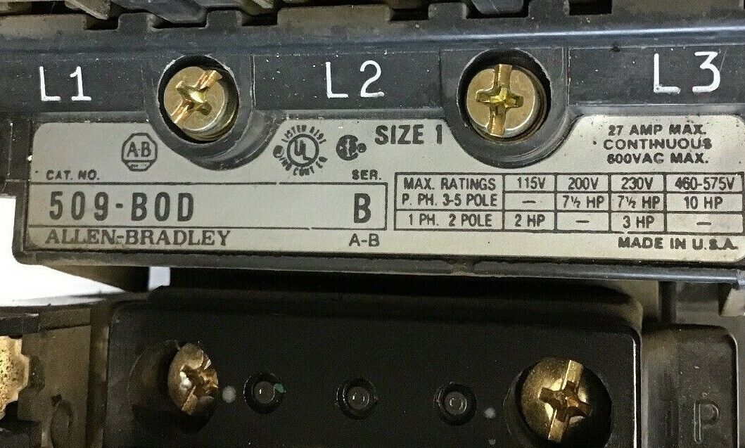 ALLEN BRADLEY 509-B0D SER.B SIZE 1 STARTER 10HP 575V 3-5POLE 27AMP W29 HEATERS