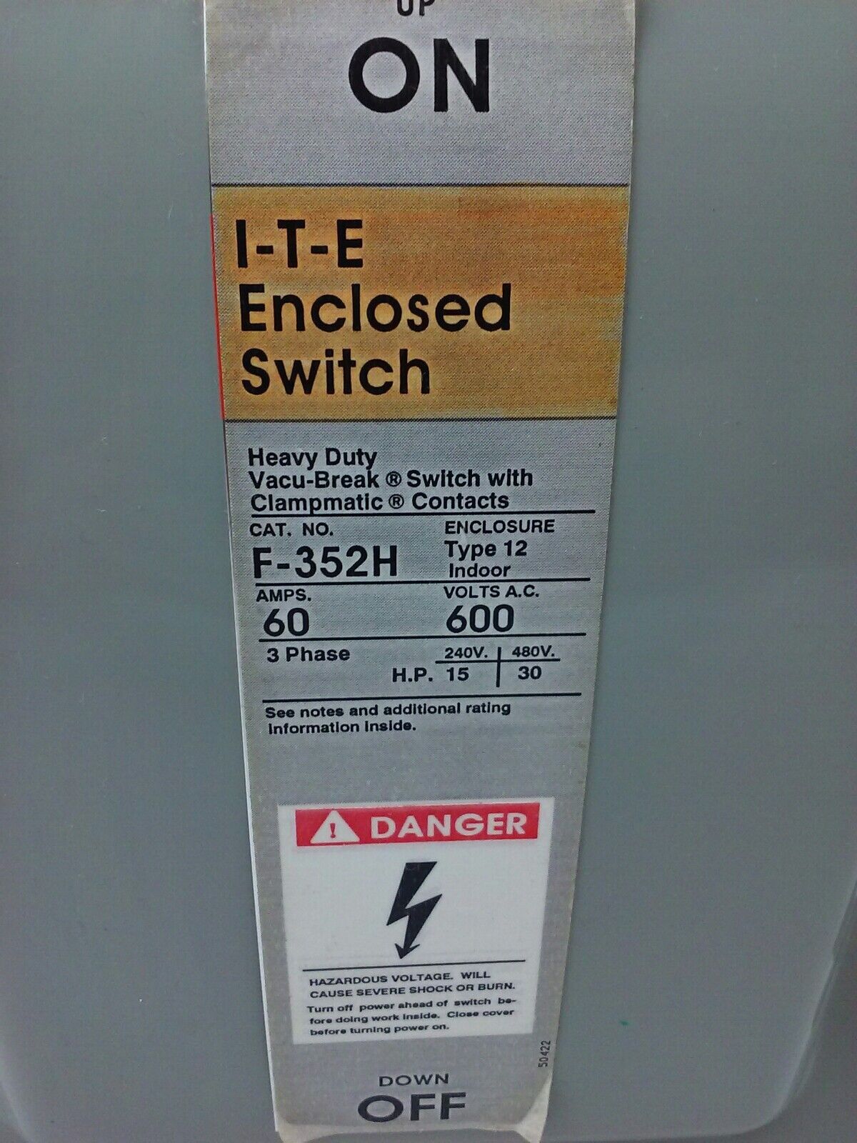 ITE GOULD F352H, ENCLOSED SWITCH, 60A, 600V, FUSIBLE, TYPE 12, 3PH, 30 MAX H.P.