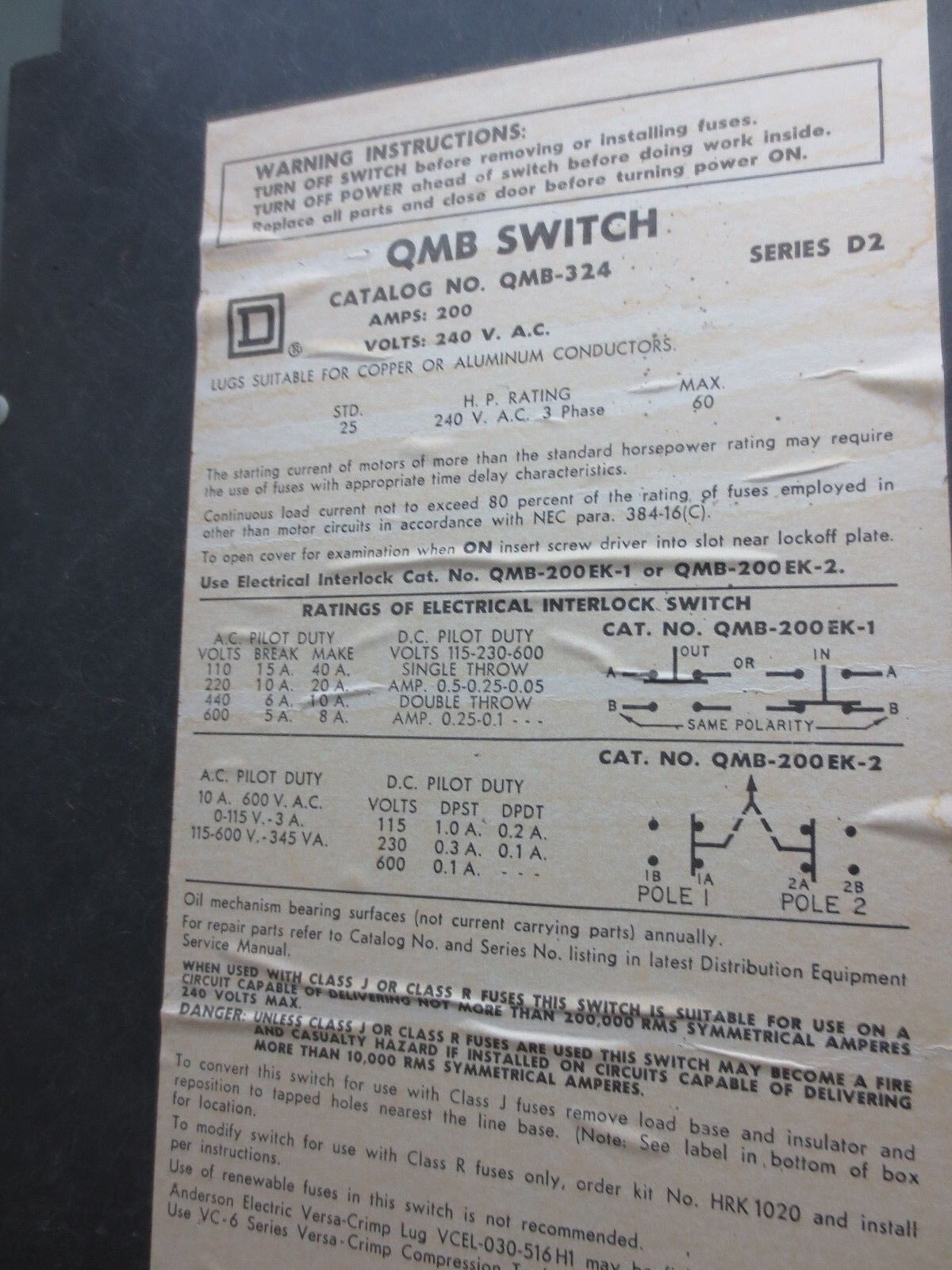SQUARE D QMB-324 FUSIBLE PANEL SWITCH - 240VAC, 200A, 3-POLE