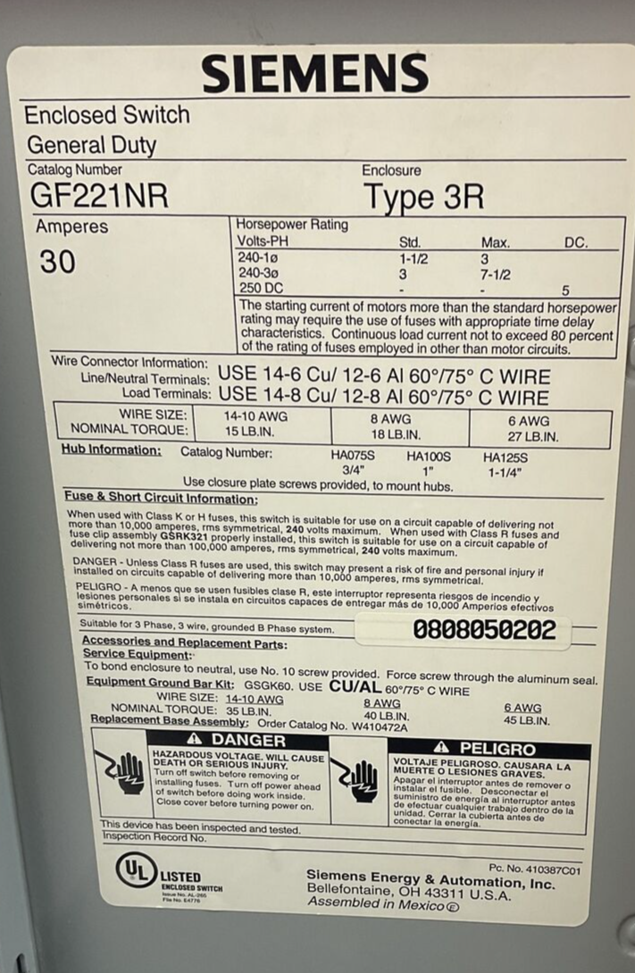 SIEMENS GF221NR ENCLOSED SAFETY SWITCH 30A TYPE 3R 240VAC
