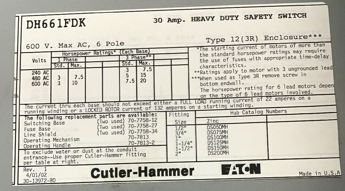 CUTLER HAMMER DH661FDK HEAVY DUTY 30AMP 600V 6POLE FUSIBLE DUSTTIGHT TYPE 12
