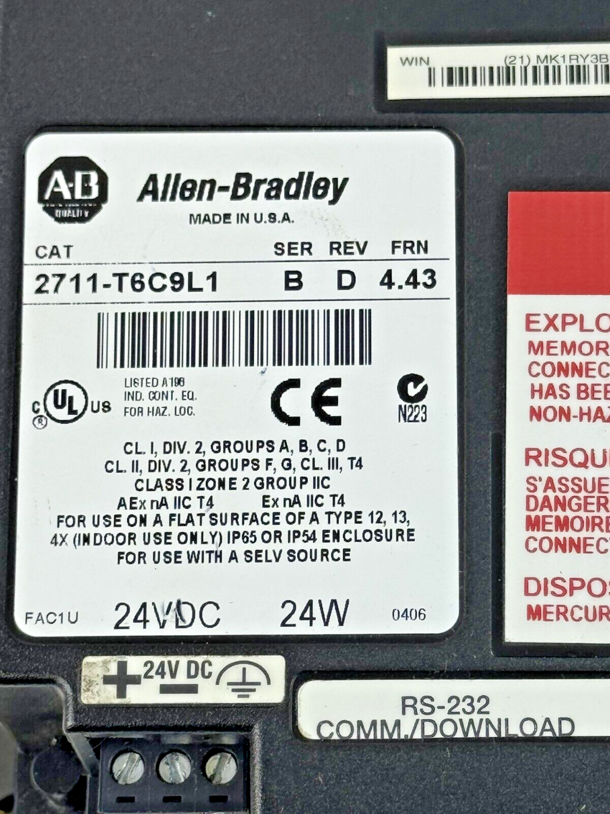 ALLEN-BRADLEY - 2711-T6C9L1 SER. B FRN: 4.43 - PANELVIEW 600 - 6" TOUCHSCREEN