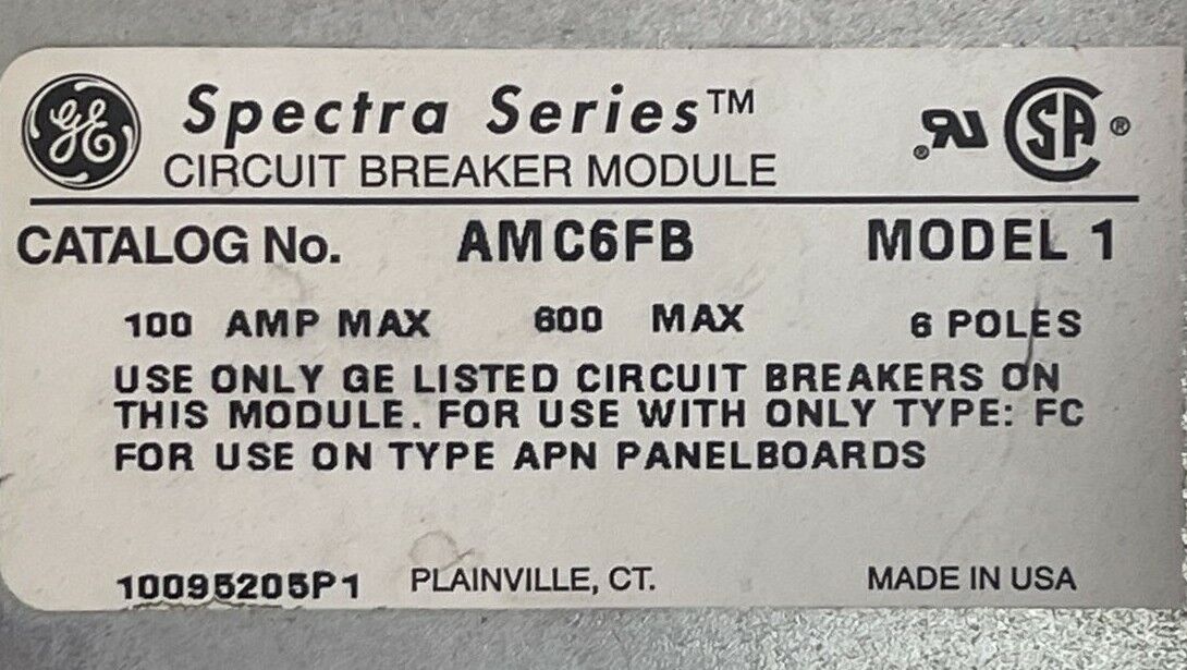 GE AMC6FB SPECTRA SERIES CIRCUIT BREAKER MODULE MODEL 1 100A 600V 6P FOR USE