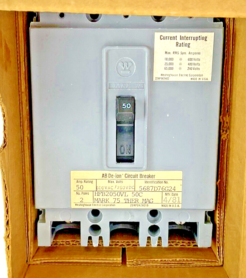 WESTINGHOUSE HFB2050VL CIRCUIT BREAKER 50A 2POLE 600VAC 250VDC