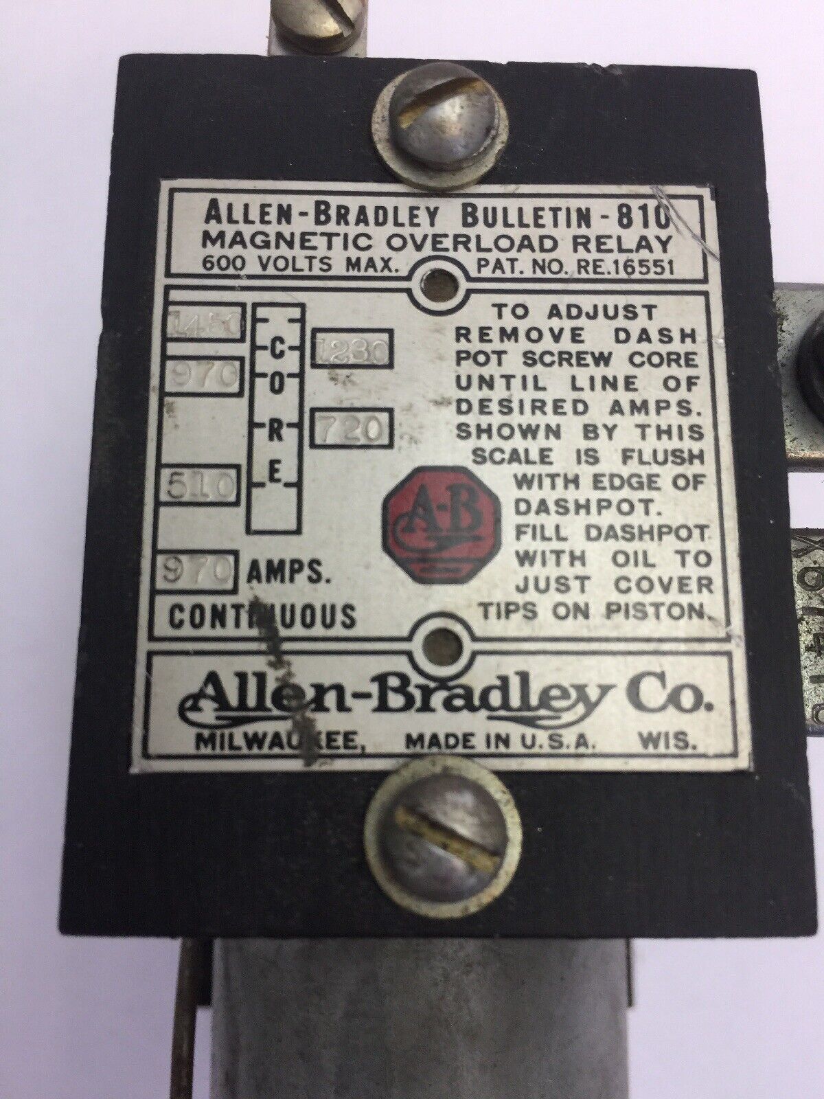 ALLEN BRADLEY 810 BULLETIN MAGNETIC OVERLOAD RELAY 600 VOLTS 970 AMPS CONTINUOUS