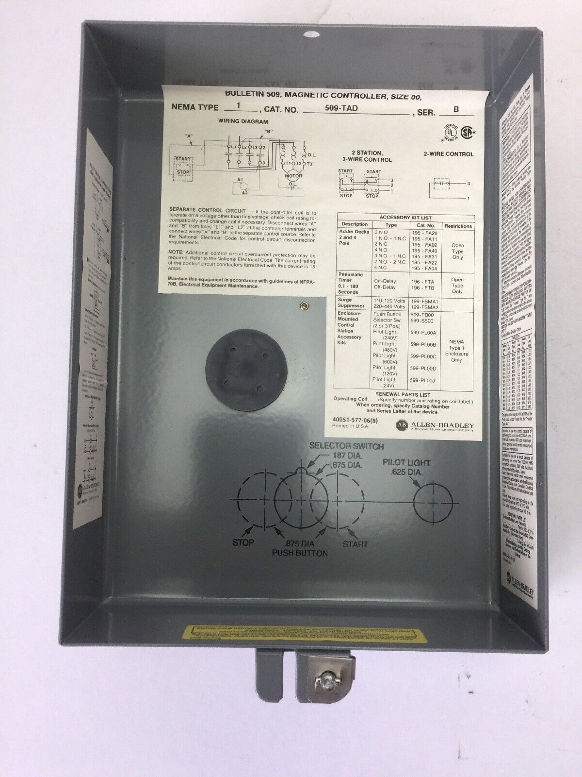 ALLEN BRADLEY 509-TAD FULL VOLTAGE STARTER NEMA SIZE 00 GA475 COIL 480V 60HZ