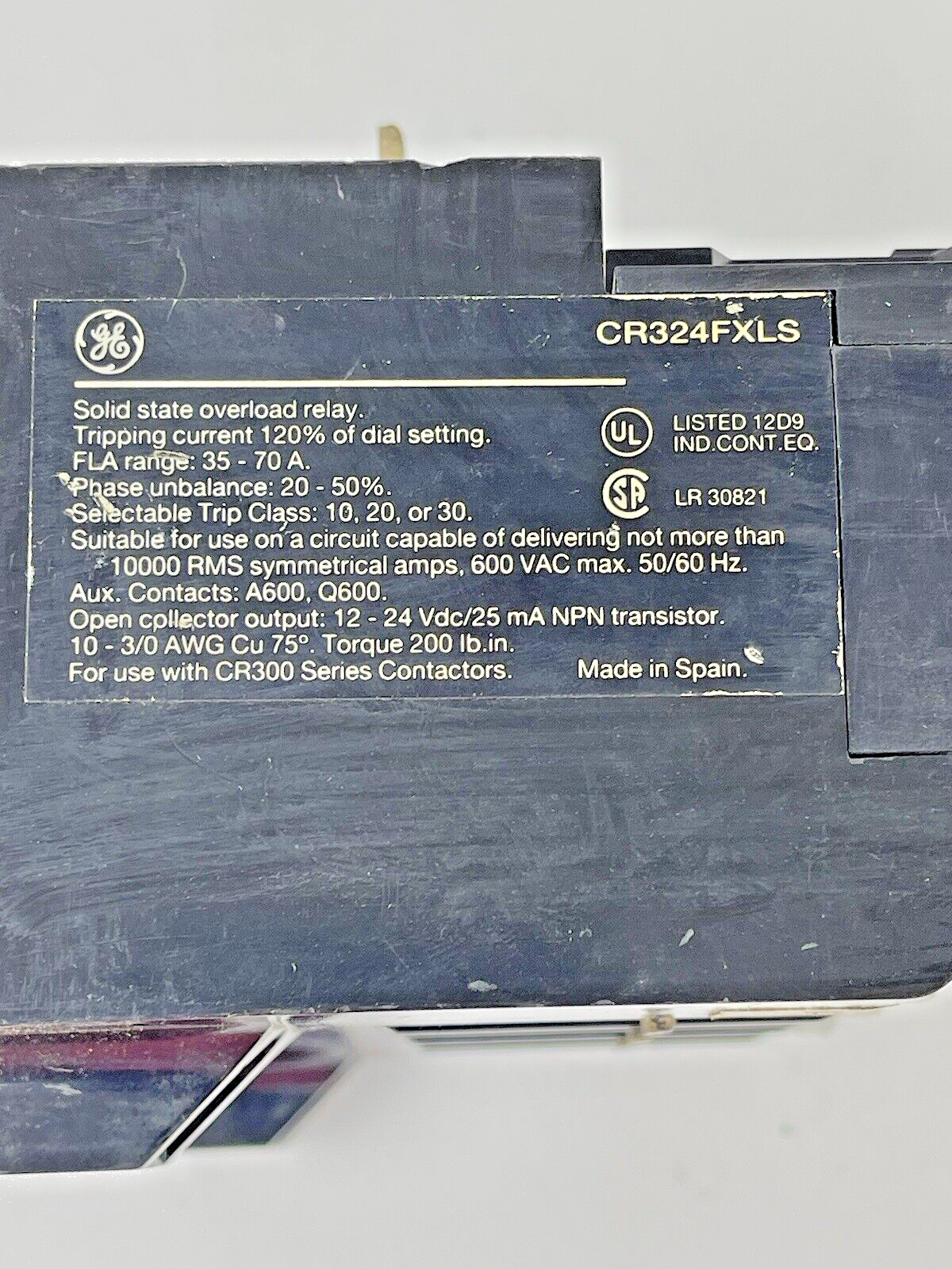 GE GENERAL ELECTRIC - CR324FXLS - OVERLOAD RELAY -600VAC, 35-70A, 3P, SELECT TRP