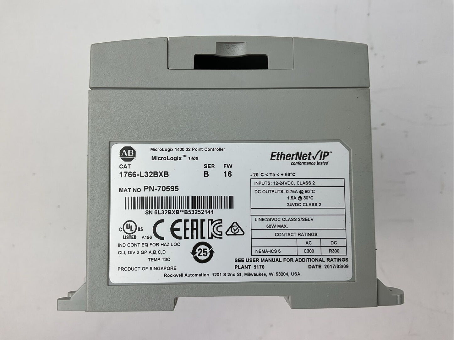 ALLEN BRADLEY 1766-L32BXB SER B FW 16 MICROLOGIX 1400 32 POINT CONTROLLER 24VDC