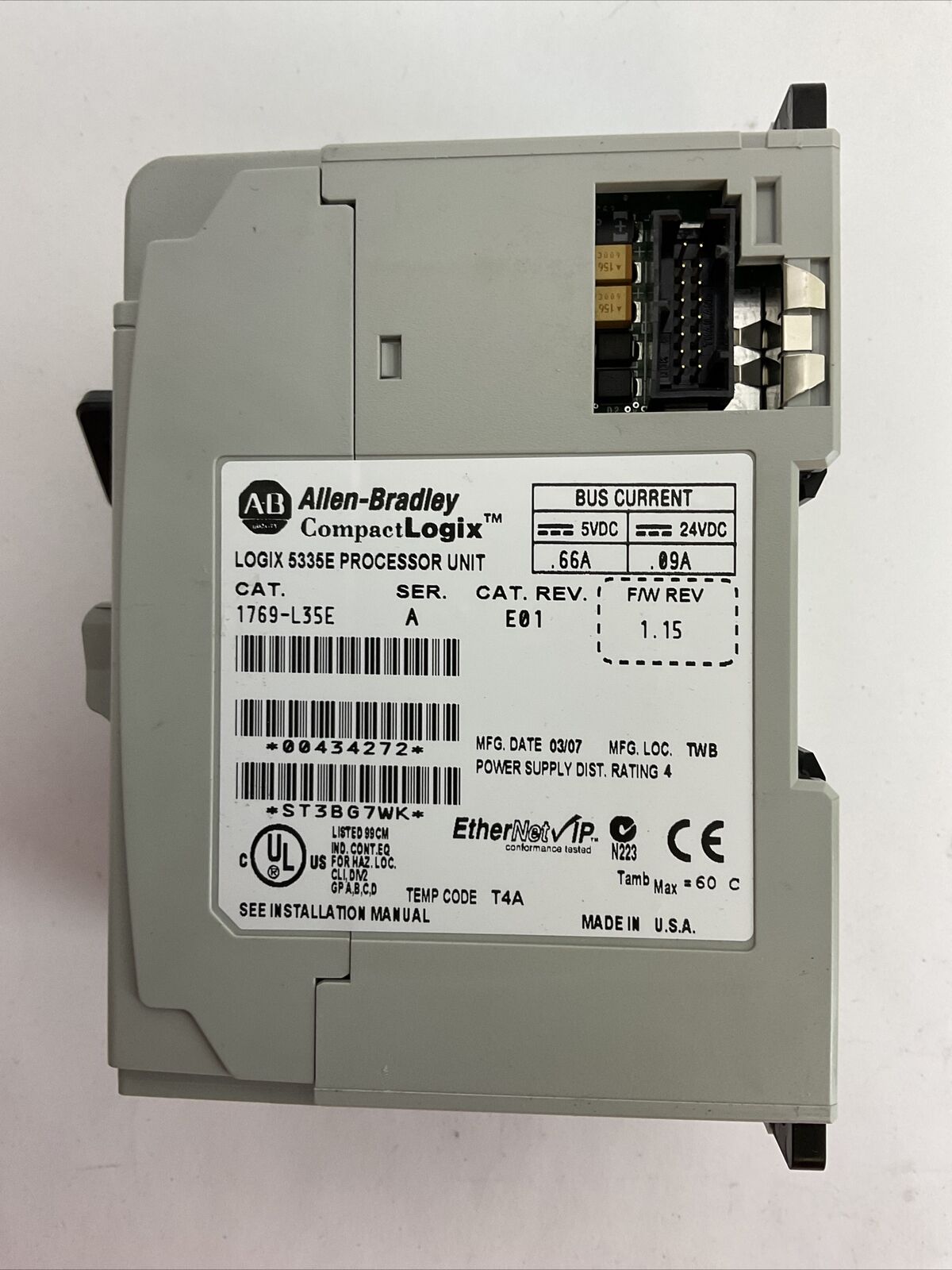 ALLEN BRADLEY 1769-L35E SER A CAT REV E01 FW REV 1.15 LOGIX 5335E PROCESSOR UNIT