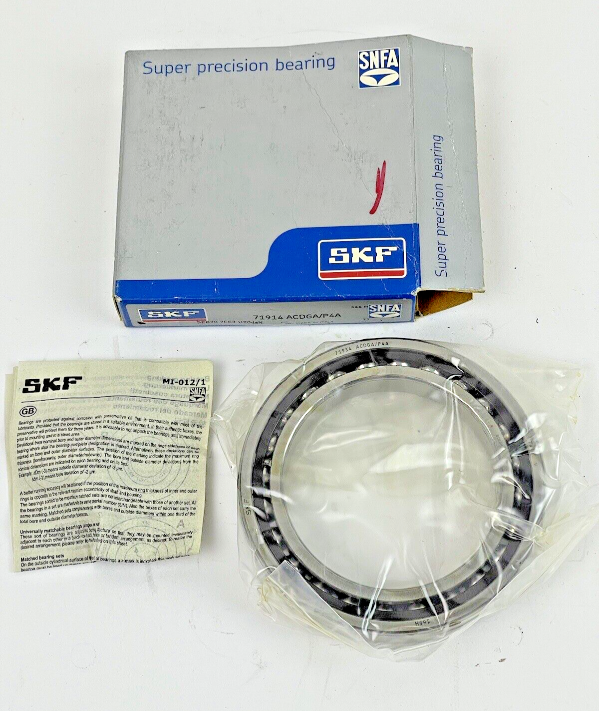 SKF - 71914 ACDGA/P4A - High Prec Angular Bearing - 70 mm ID x 100mm OD x 16mm W