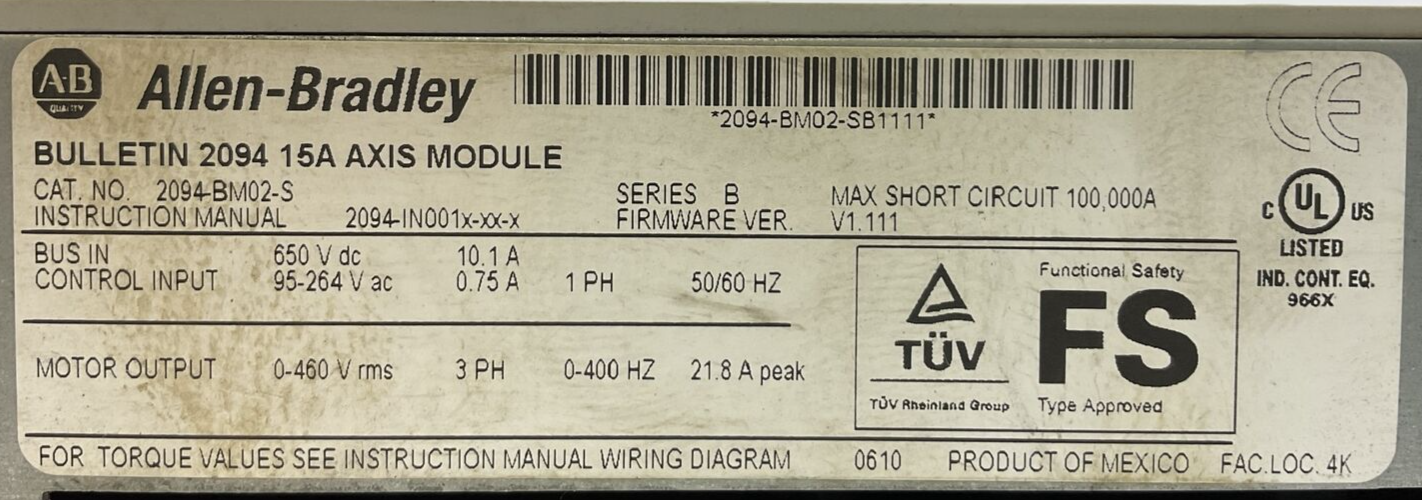 ALLEN BRADLEY 2094-BM02-S 15A AXIS MODULE SER B FIRMWARE V1.111