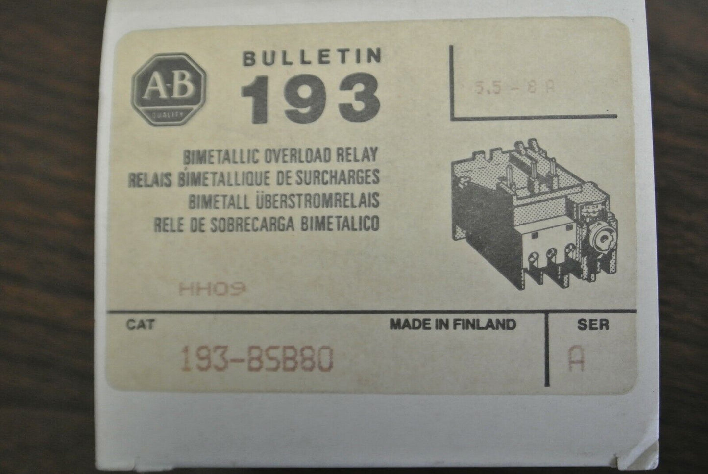 ALLEN-BRADLEY 193-BSB80 BIMETALLIC OVERLOAD RELAY / 5.5A - 8.0A / NEW SURPLUS