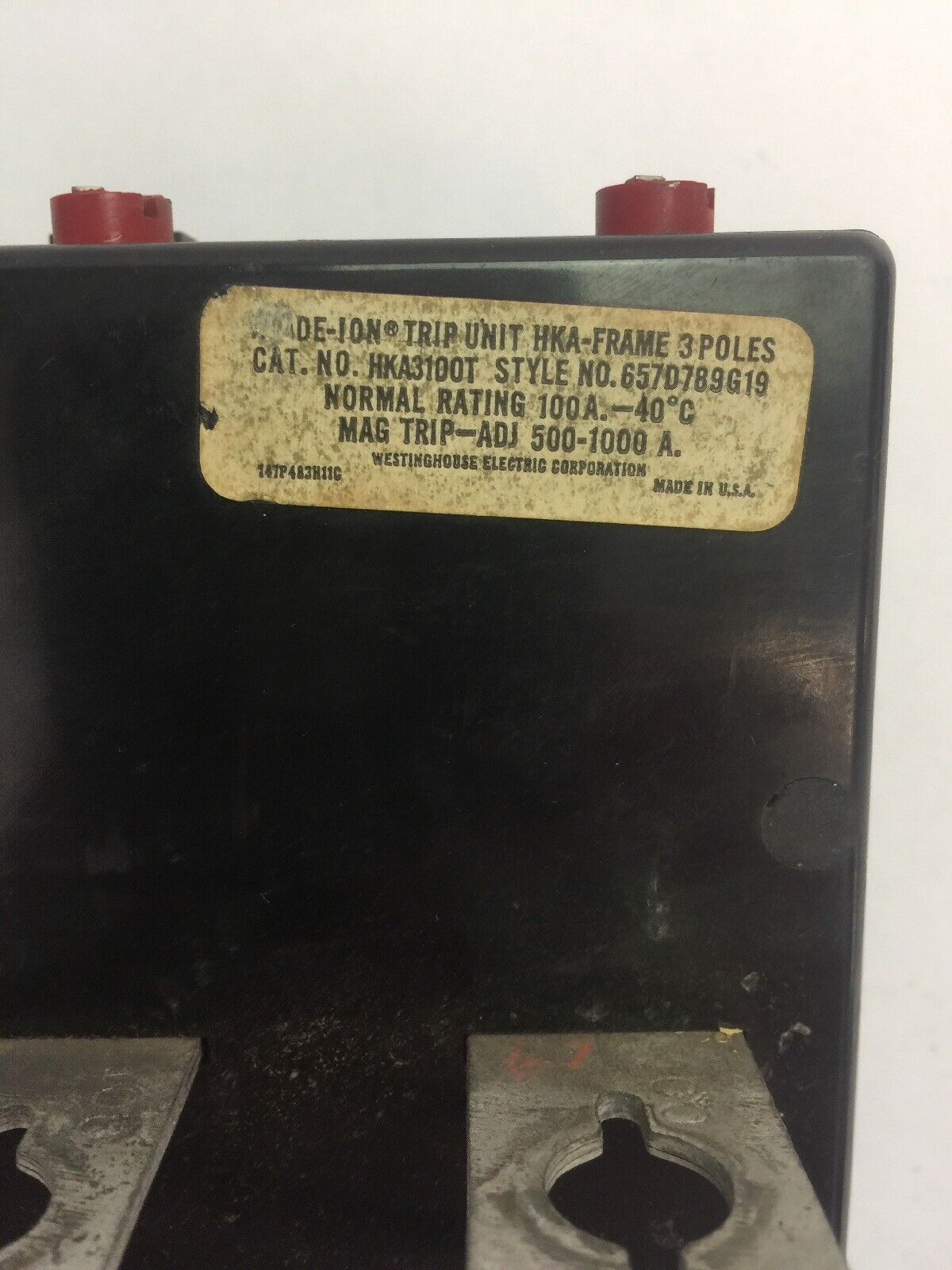 WESTINGHOUSE HKA3100T 100A TRIP UNIT 3POLE MAG TRIP-ADJ 500-1000A