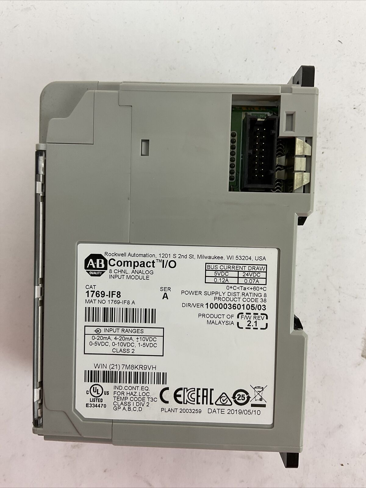 ALLEN BRADLEY 1769-IF8 SER A FW REV 2.1 DIR/VER 10000360105/03 8CH ANALOG INPUT