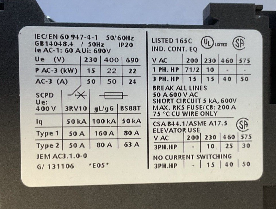 SIEMENS 3RT1036-1BB40 CONTACTOR 24VDC W/3RH1921-1HA22 CONTACT BLOCK