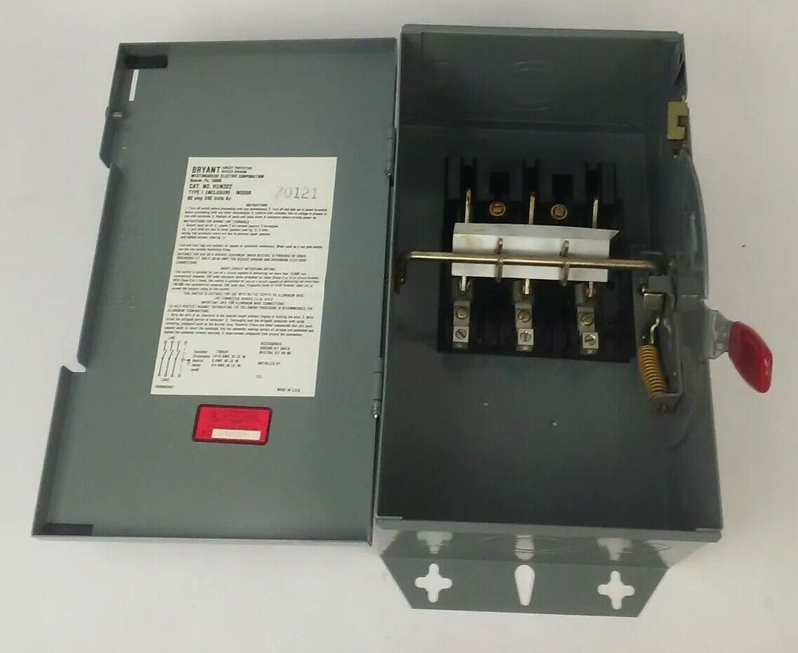 WESTINGHOUSE HUN322 NON FUSIBLE SAFETY SWITCH 3P, 60A, 240V, TYPE 1 INDOOR, 15HP