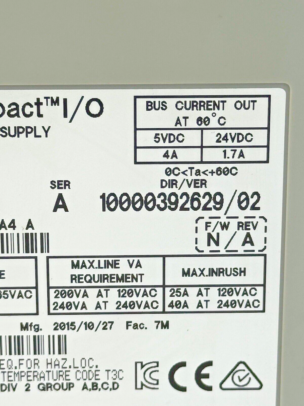 ALLEN-BRADLEY - 1769-PA4 SER. A, F/W REV. N/A, DIR/VER 10000392629/02 - PWR SPLY
