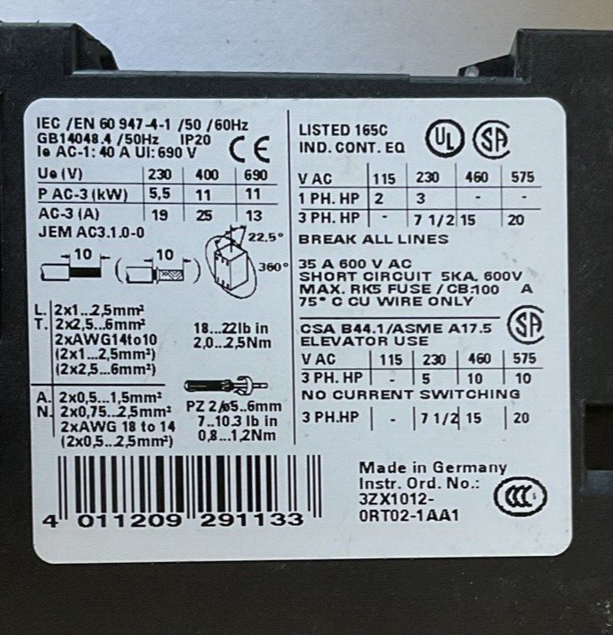 SIEMENS 3RT1026-1B..0 CONTACTOR 35A 600VAC 50/60HZ