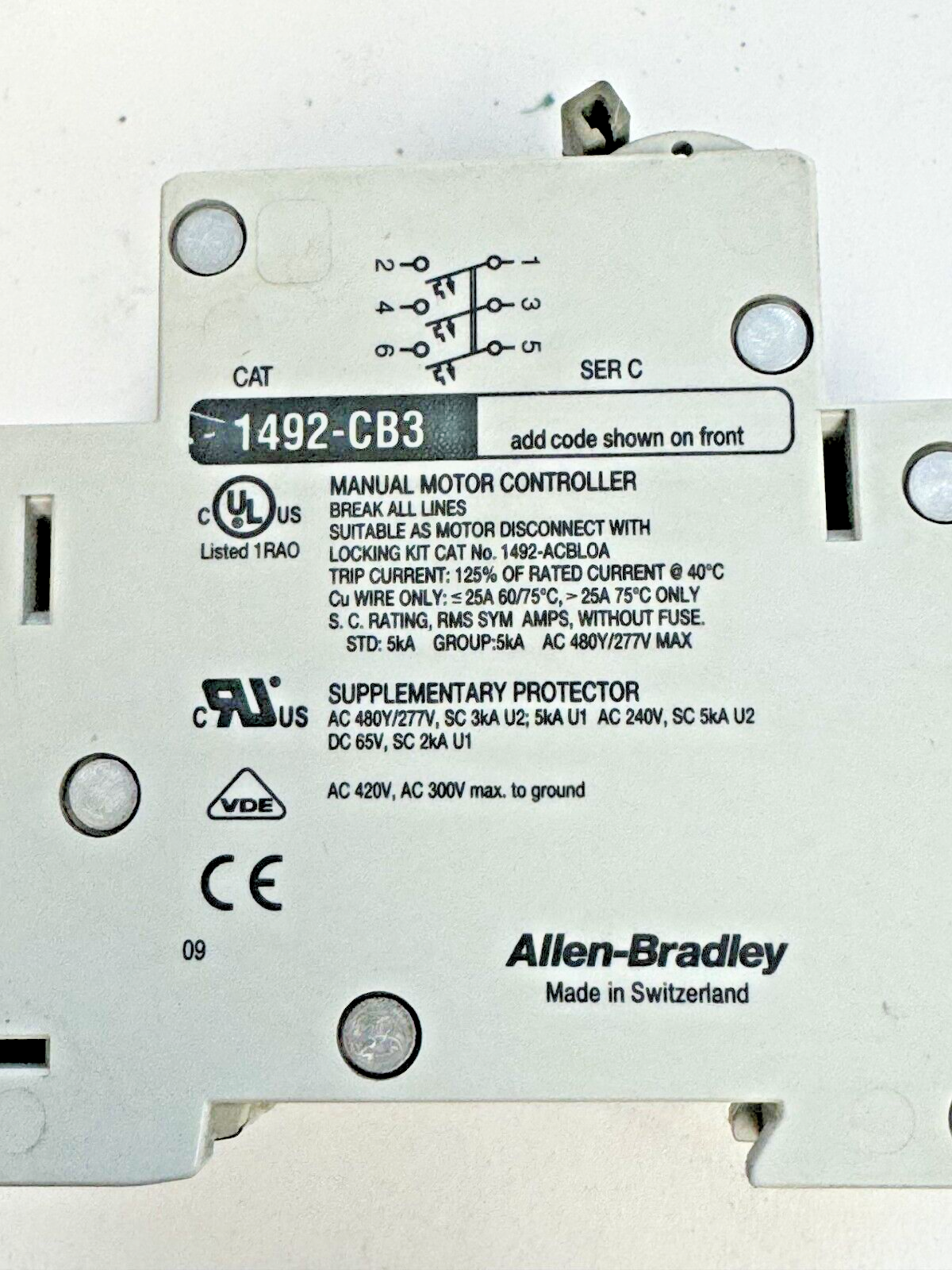 ALLEN-BRADLEY - 1492-CB3-G070 SER. C - MOTOR CONT. - 3 P, 7 A, 277 V, 3 HP, 3PH