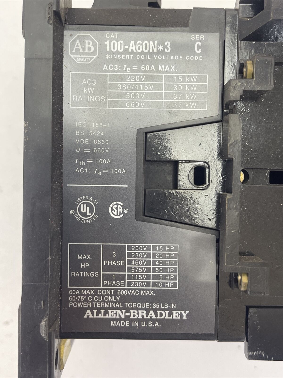 ALLEN BRADLEY 100-A60N*3 CONTACTOR SER C 60A 600VAC 50HP COIL120V 60HZ