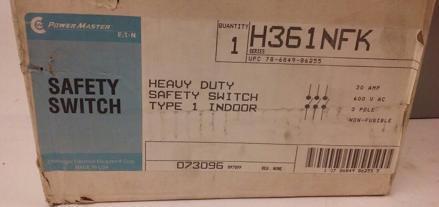 POWERMASTER EATON H361NFK HEAVYDUTY SAFETY SWITCH,30A,600V, 3P, NON FUSIBLE