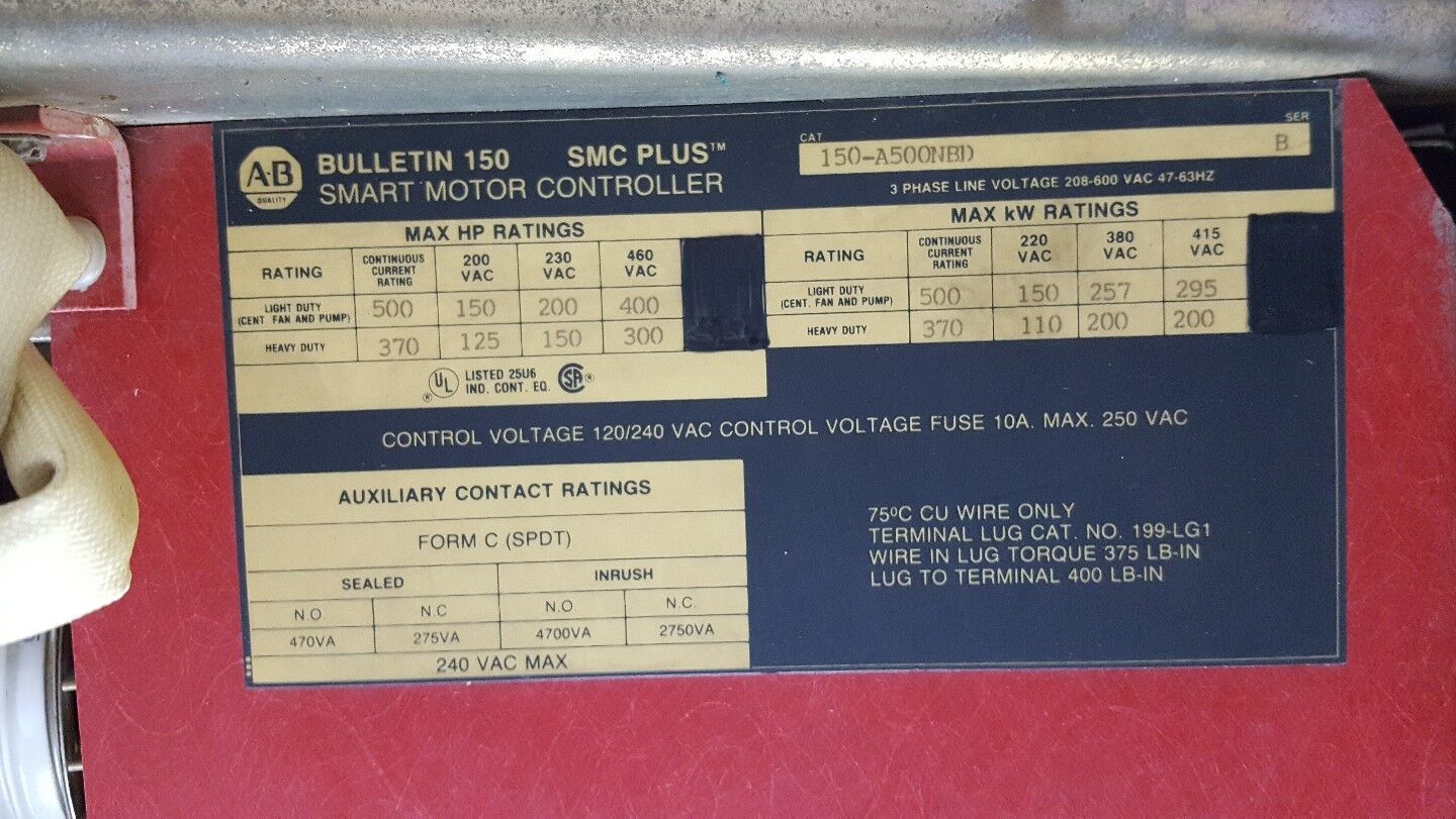 Allen Bradley 150-A500NBD 400 HP 480V SMC Dialog Plus Soft Starter 300HP Control