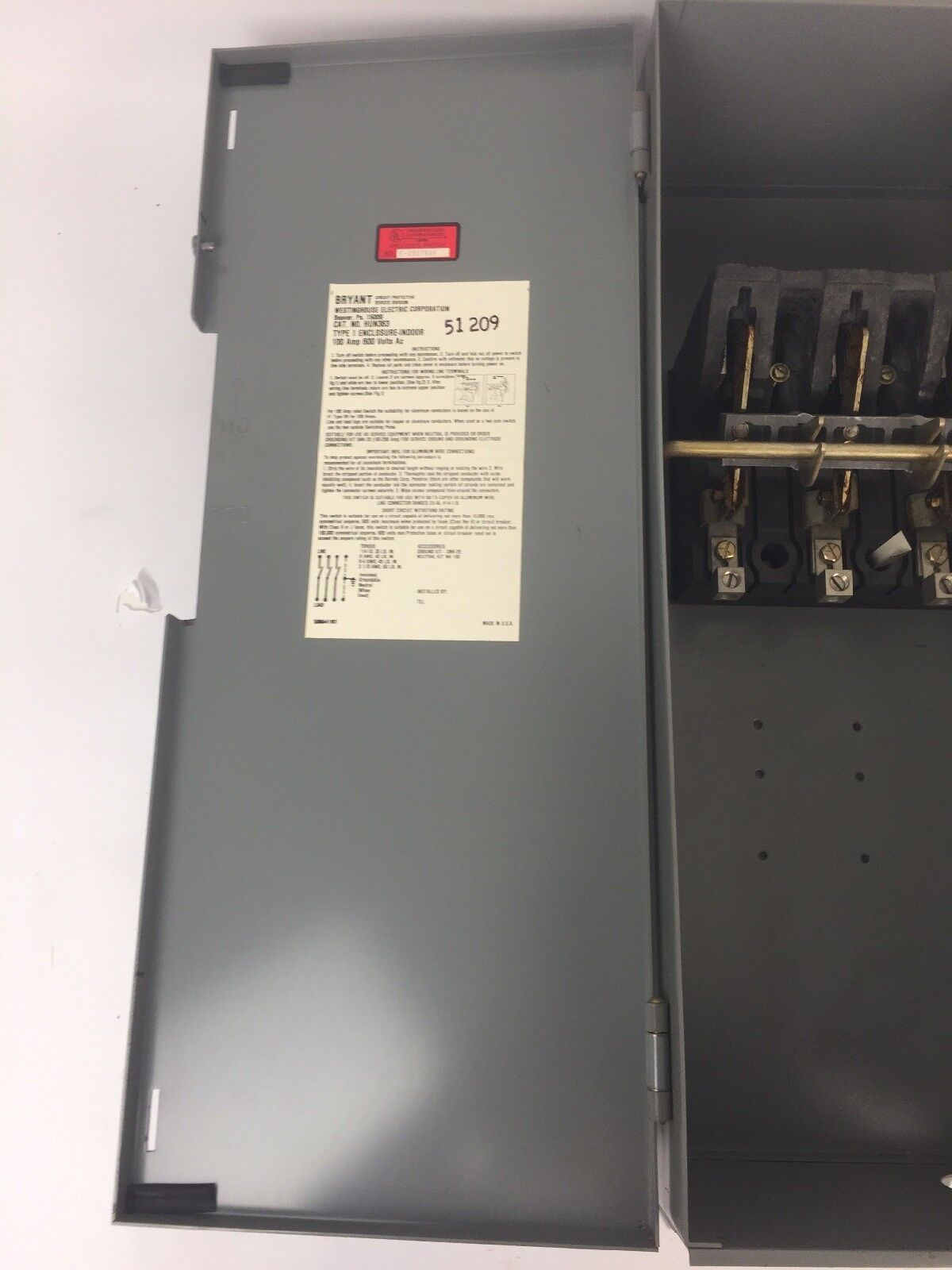WESTINGHOUSE HUN363 HEAVY DUTY SAFETY SWITCH 100AMP 600VAC 75HP TYPE 1 ENCLOSURE
