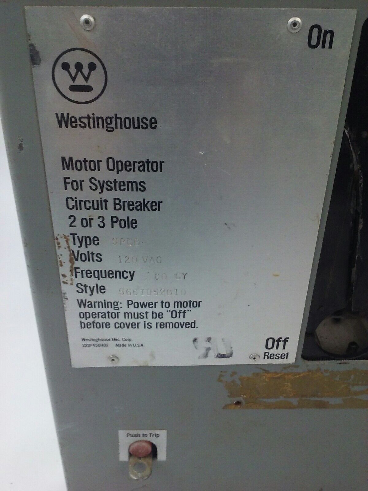 WESTINGHOUSE, MOTOR OPERATER 5661D52G01 TYPE SPCB 120V 60HZ 2P OR 3P