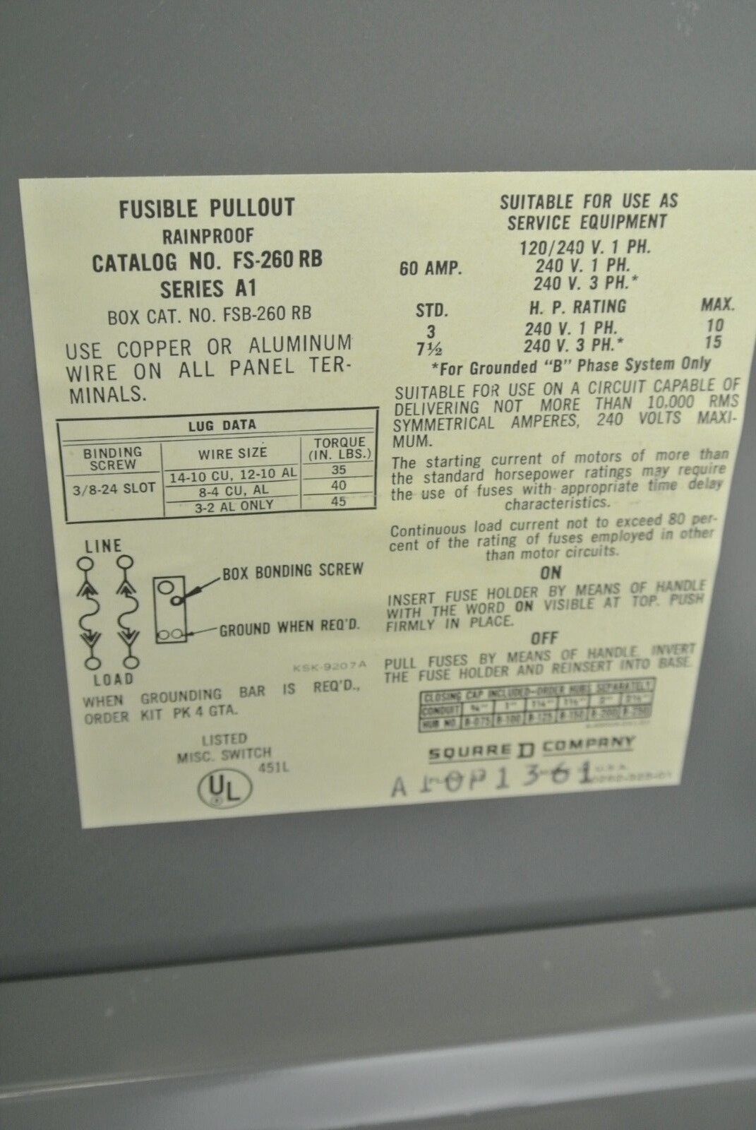 SQUARE D FS-260RB ENCLOSED FUSIBLE PULLOUT, RAINPROOF 120/240VAC 60A NEW SURPLUS